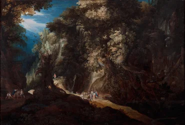 Wooded Mountain Landscape with Waterfall and Travelers